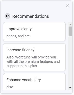 Wordtune Recommendations Features